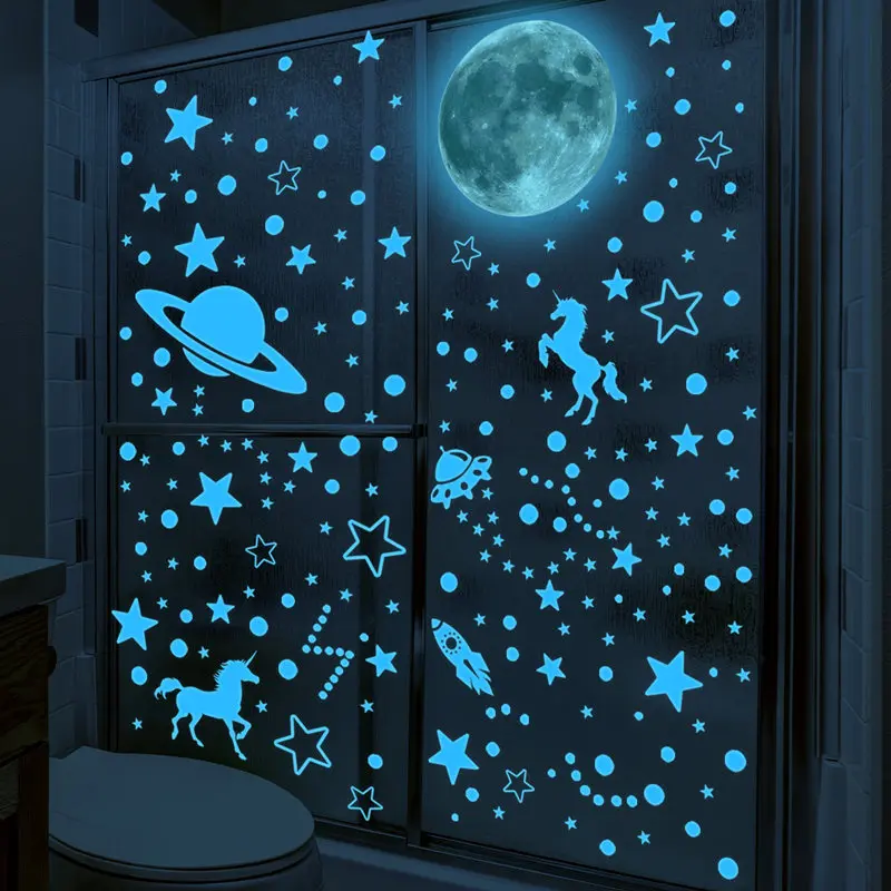 Glow in The Dark Unicorn Wall Stickers Kids Bedroom Decor Stars Decal Glowing Ceiling Planets Shinning Space Gift for Boys Girls