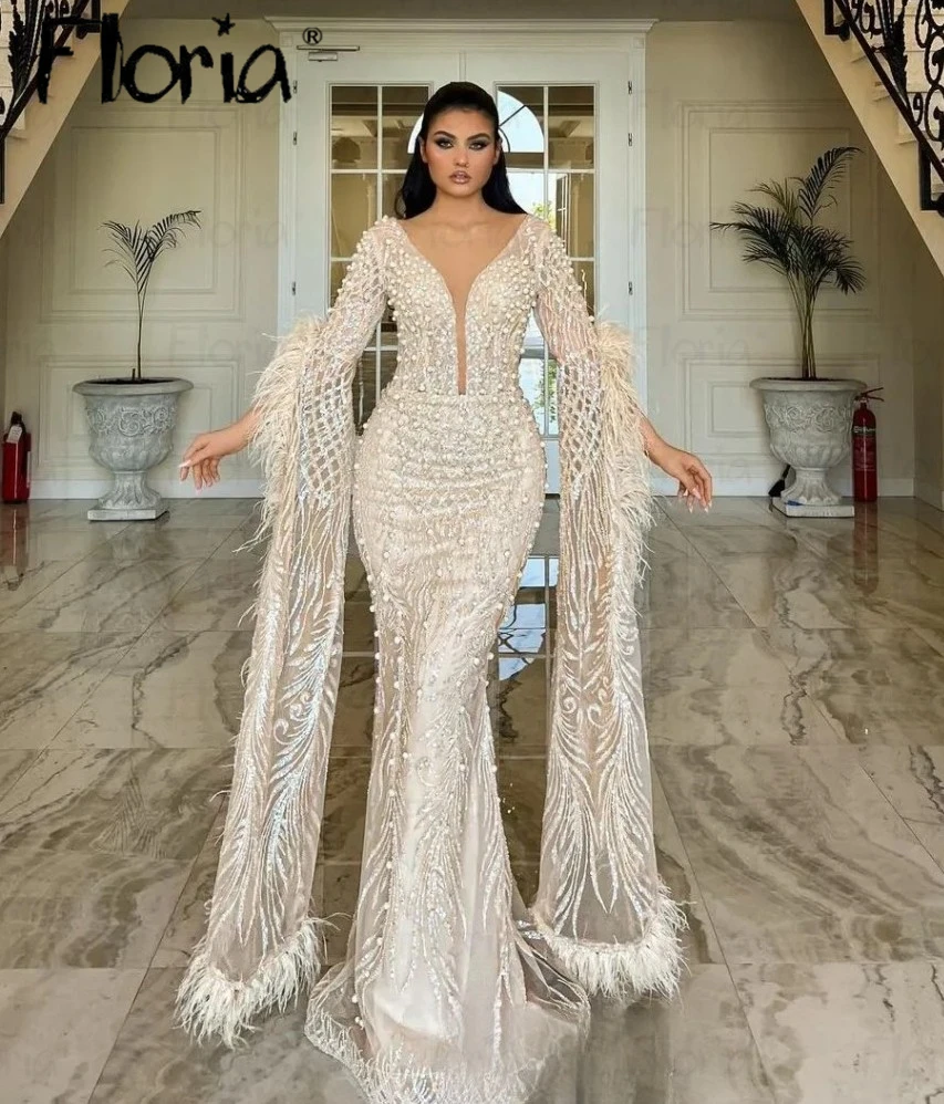 Light Champagne Nude Deep V Neck Feather Evening Dress Luxury Dubai  2024 Wedding Event Gowns Ivory Full Pearls Celebrity Dress