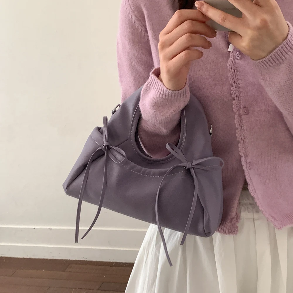 Women's Spring Solid Color Bow Handbags High Grade Pu Soft Buckle Crossbody Bag Versatile Daily Shopping All-Match Shoulder Bags