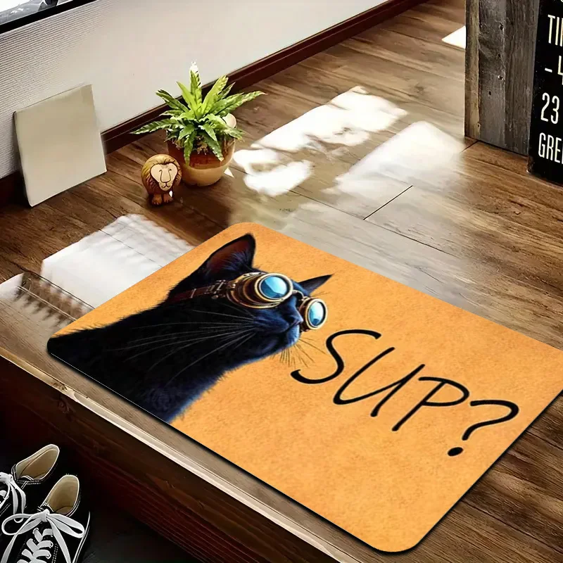 1pc Steampunk Cat Rug – Cool Black Feline with Goggles, “SUP?” Slogan Mat for Entryway & Fun Home Decor