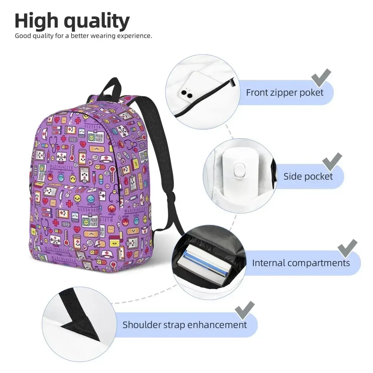 

Proud To Be A Nurse Purple Nurse Backpack for Teens Student School Bookbag Canvas Daypack Middle High College Sports Hiking