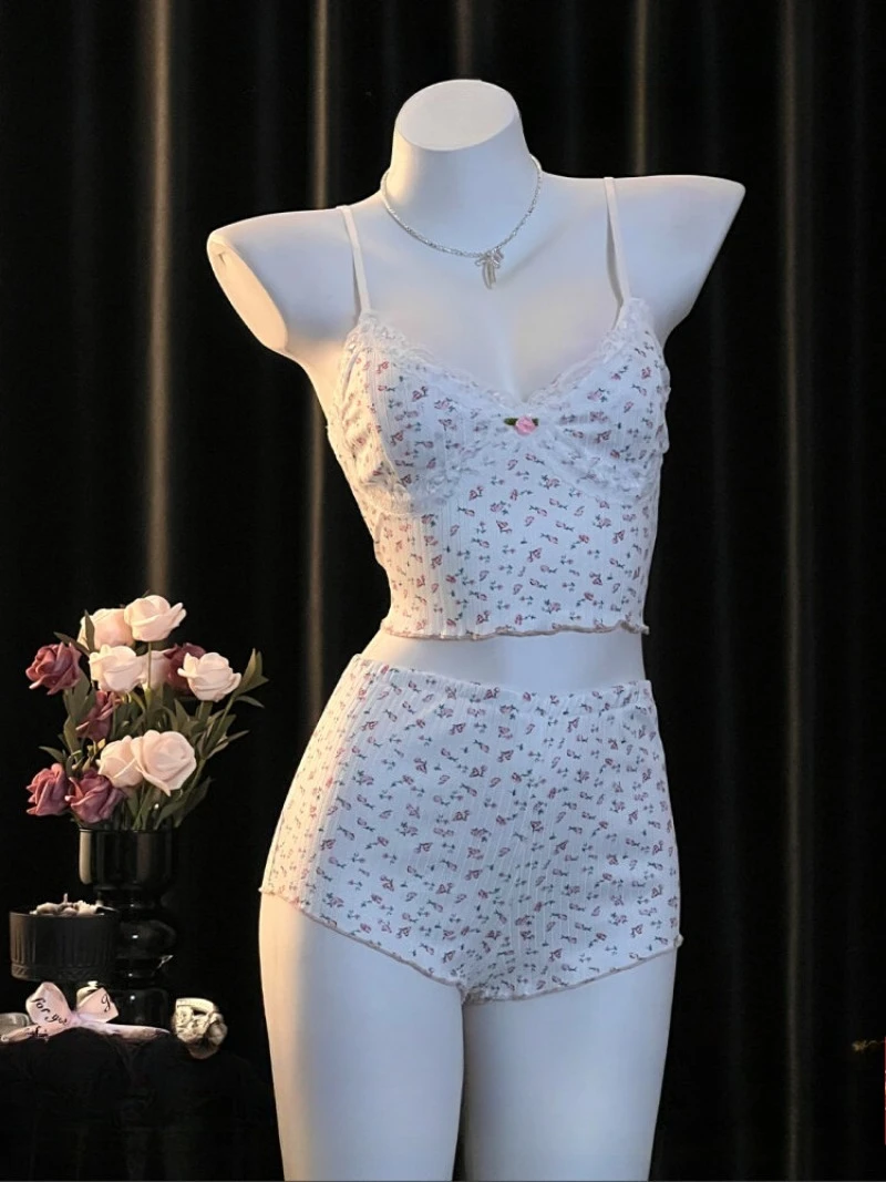 

Pure Little Floral Split Home Pajama Set,Featuring Shorts a Sexy Halter Top,Perfect for Women Who Want to Look Cute Seductive