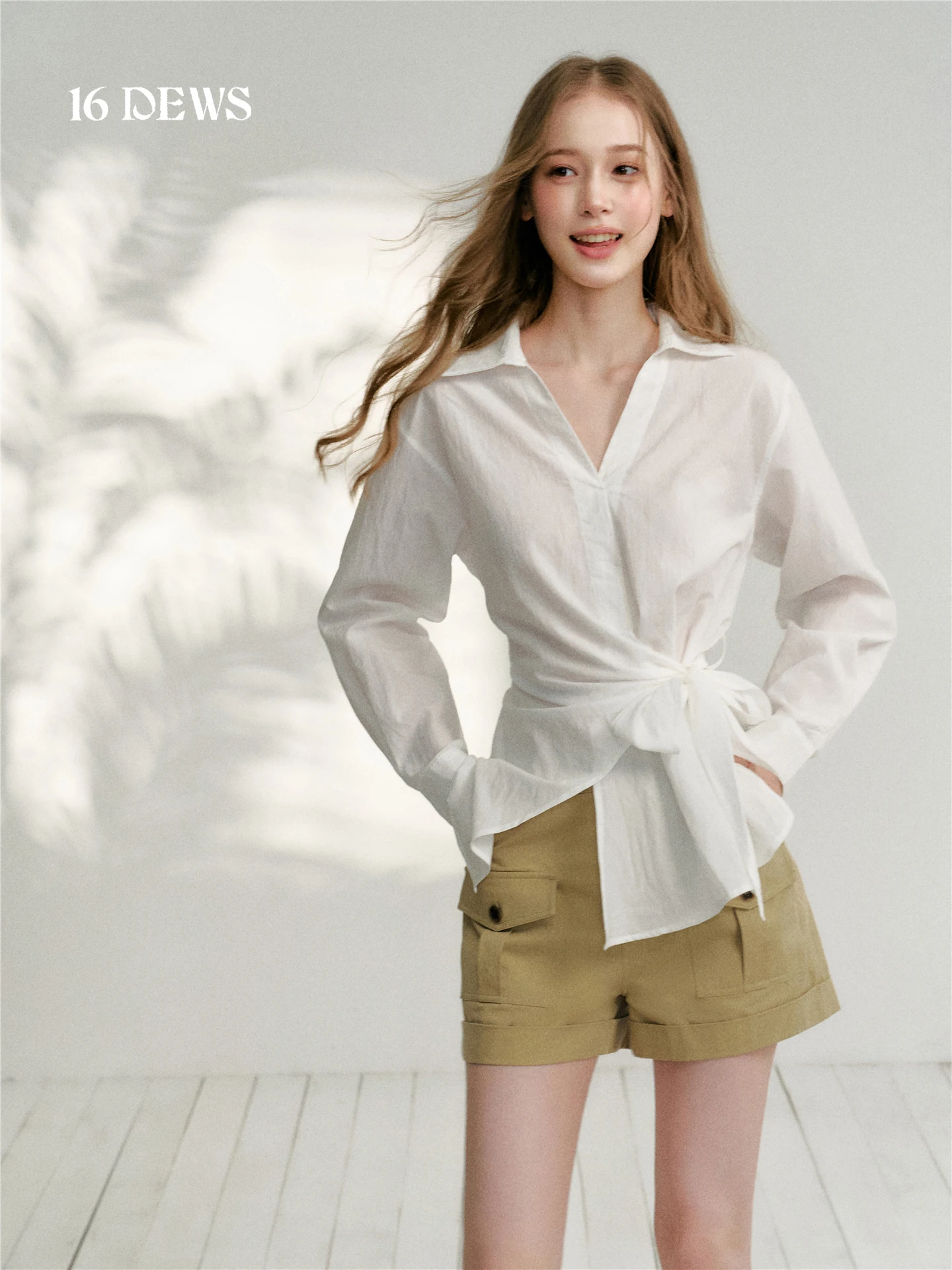 

Elegant Simple White Shirt Waist Cinched Long Sleeve Casual Style Women's Premium Fashion Top 16DEWS Design Sense Knot