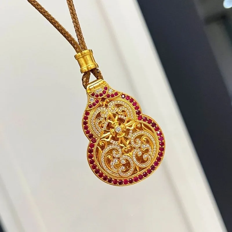 

Luxury Vintage Gold Plated Chinese Style Openwork Gourd Pendant Full Crystal Accents Corundum Adjustable Braided Cord Necklace