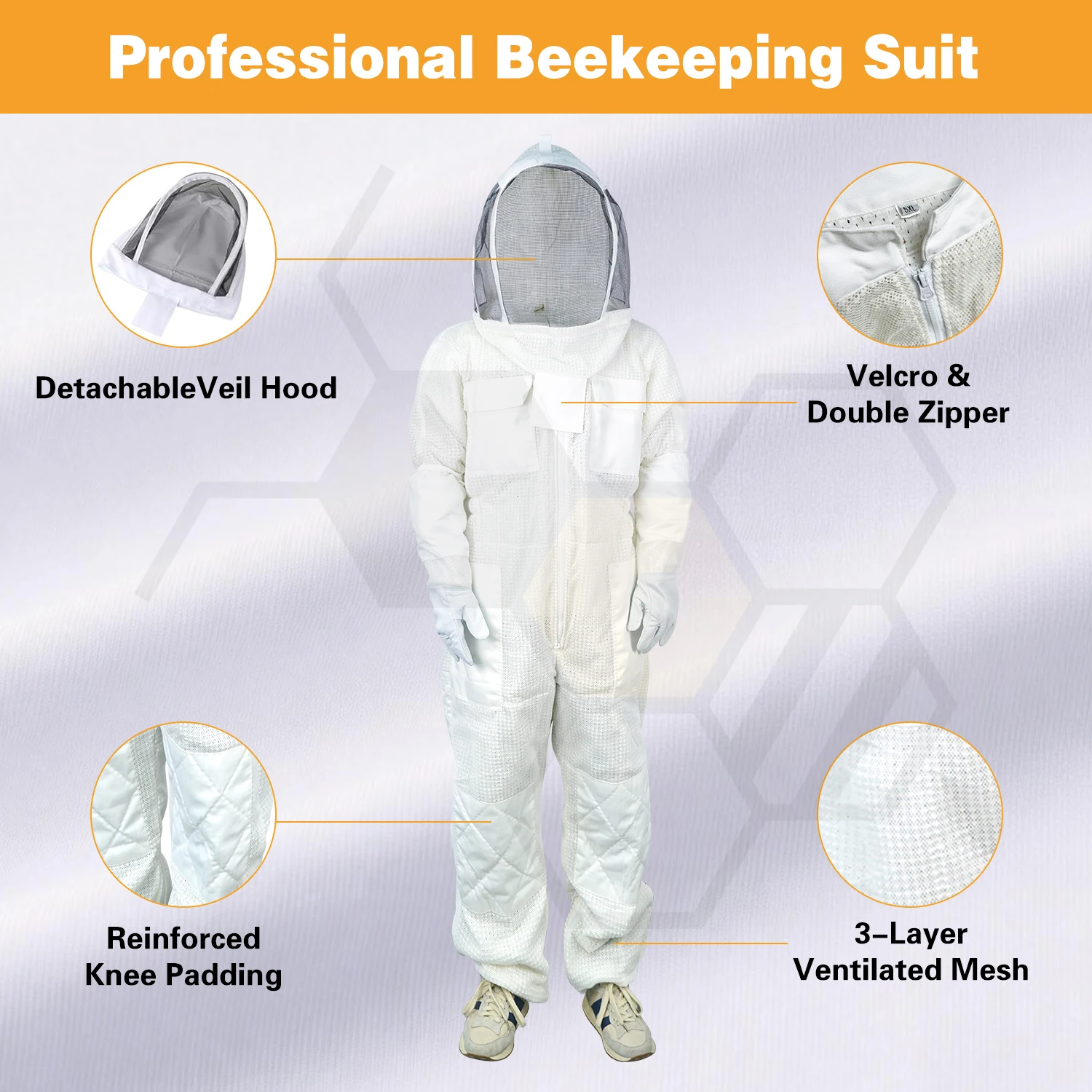 

Three Layer Breathable Beekeeping Suit Adult Full Body Protective Clothing Removable Veil S-6XL