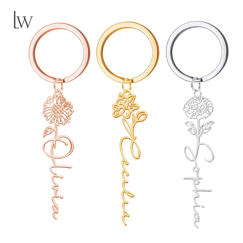 

Personalized Birth Flower Name Keychain Custom Name Keychain Pendant 18 Gold Plated Birth Month Flower Dainty Flower Key Chain