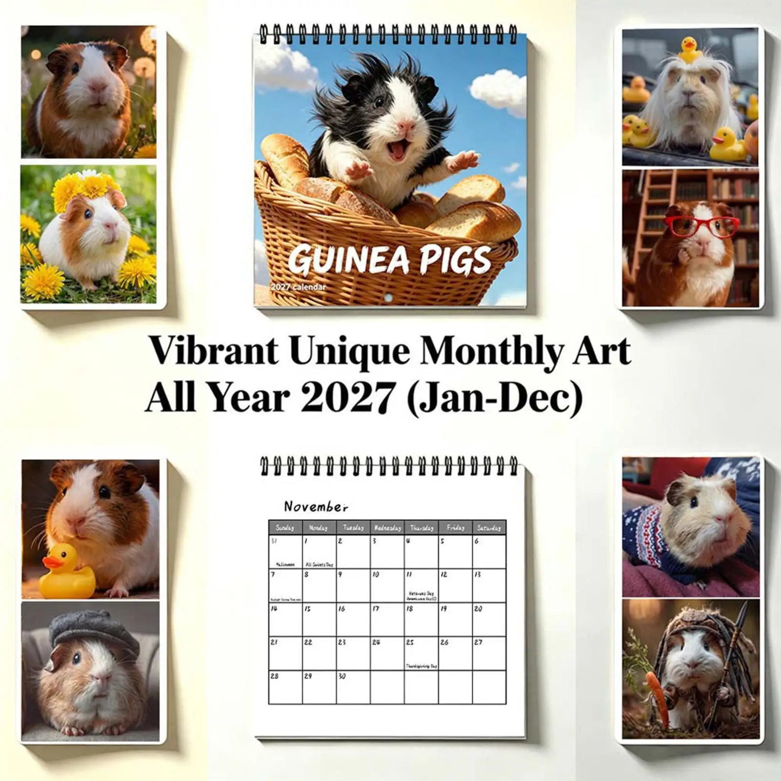 2027 Guinea Pig Calendar 12-month Twin Wire Binding Planner With Ruled Daily Blocks Wall Calendar Flipping Page Hanging Calendar