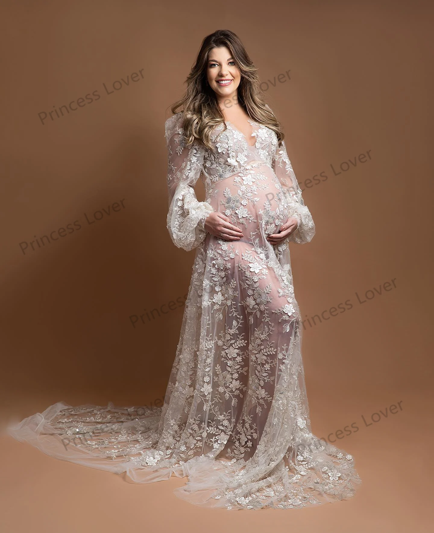 Luxury Hand Made Maternity Photoshoot Dress Long Sleeves Floral Beading Prom Dresses See Thru Women Baby Shower Gown