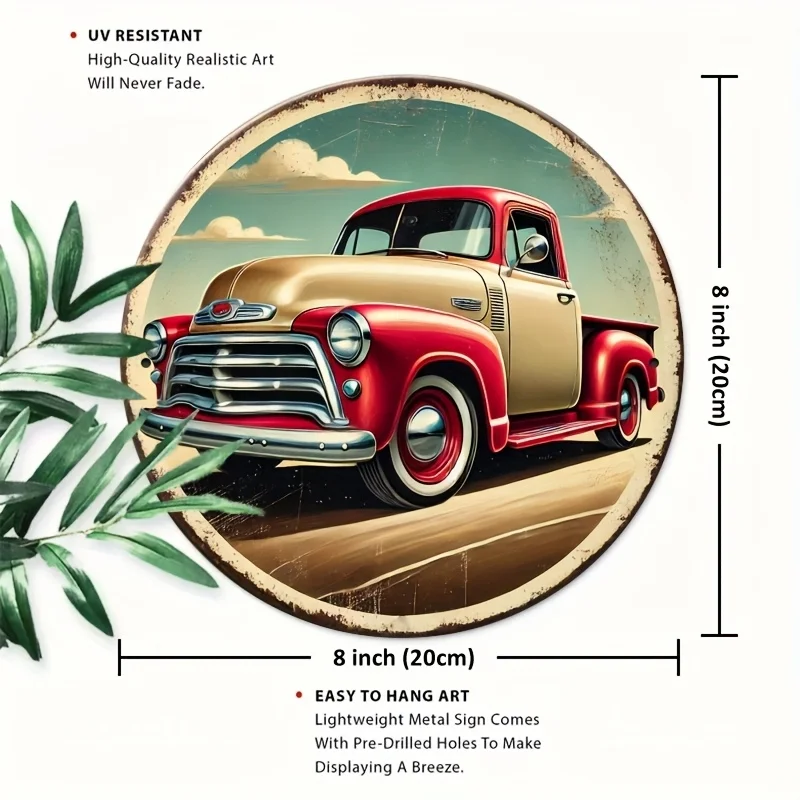 2D Flat, 1pc8 X 8inch (20 X 20cm)2D Flat Sign/Classic Pickup Truck Tin Sign- Round Aluminum Wall Art, Durable, Windproof & Water