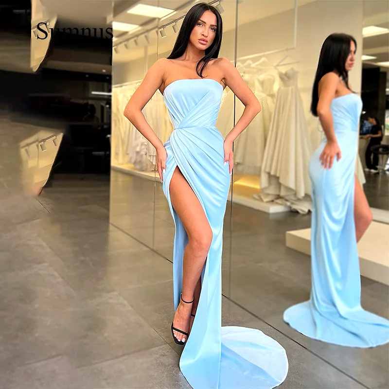 Sumnus Sky Blue Satin Prom Dress Strapless Pleats Side Split Party Jurken Sexy Vrouwen Avondfeest Jassen Vestidos De Fiesta