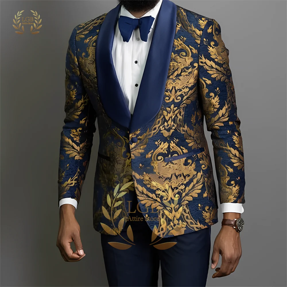 Men\'s 2-piece suit, custom black velvet shawl collar black gold flower jacket black trousers suit men/wedding/dinner