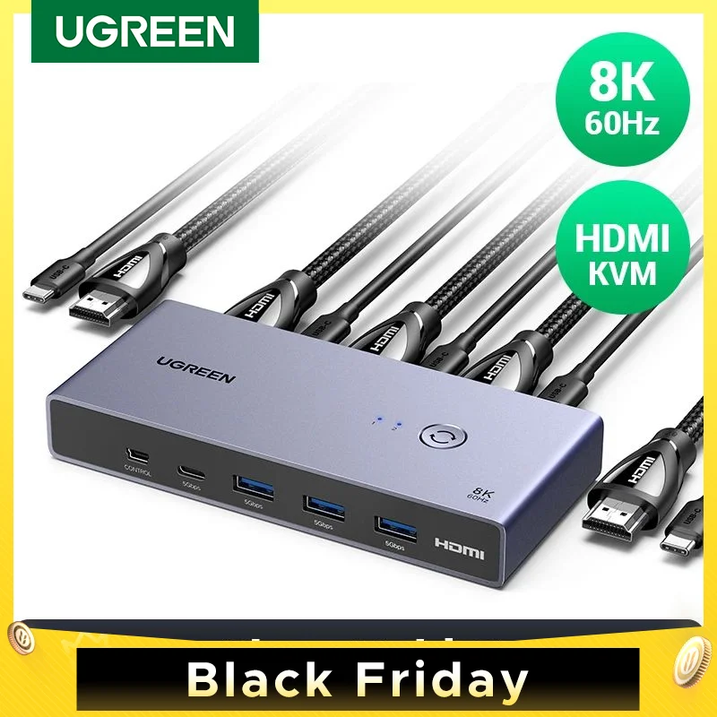 UGREEN 8K 60Hz HDMI KVM Switch USB C USB3.0 KVM Switcher 2 PCs Sharing 1 Monitor,Printer,Keyboard,Mouse Support 3D ,HDR Vision