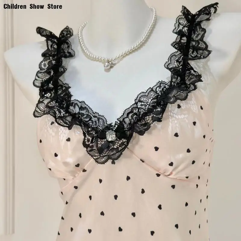 

Womne Nightgown Sexy Lace Ruffles Strap Nightdress Print Love Sleepshirt Kawaii Home Dressing Gown Princess Style Loungewear