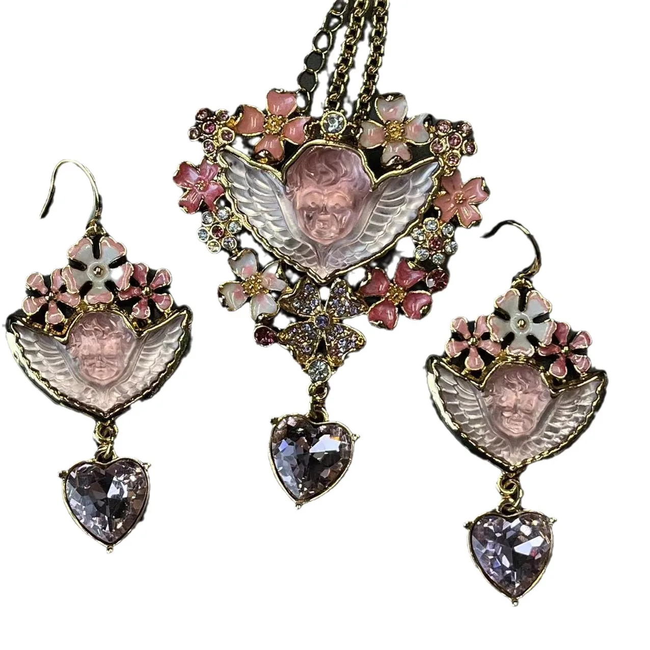 Vintage Angel Pendant Love Earrings Enamel Craft Pink Flower Crystal Relief Necklace Retro Jewelry Set Accessoris For Women