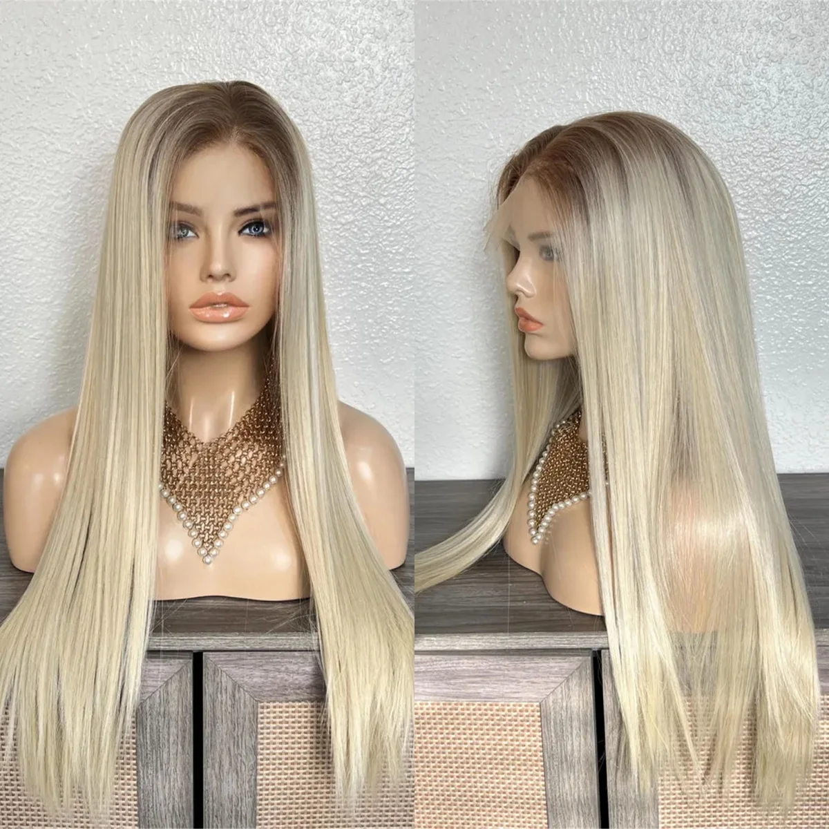 Brown Roots Straight Hair Light Blonde Ombre HD Lace Front Wig Side Part Realistic Look Wig Heat Resistant Fiber Synthetic Wig