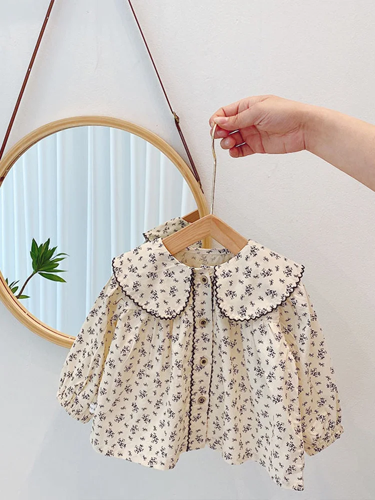 

Girls Floral Print irt Korean Sle Baby Girl's Long Sve round Ne Cotton Blend Top for Autumn Spring Fre Sle