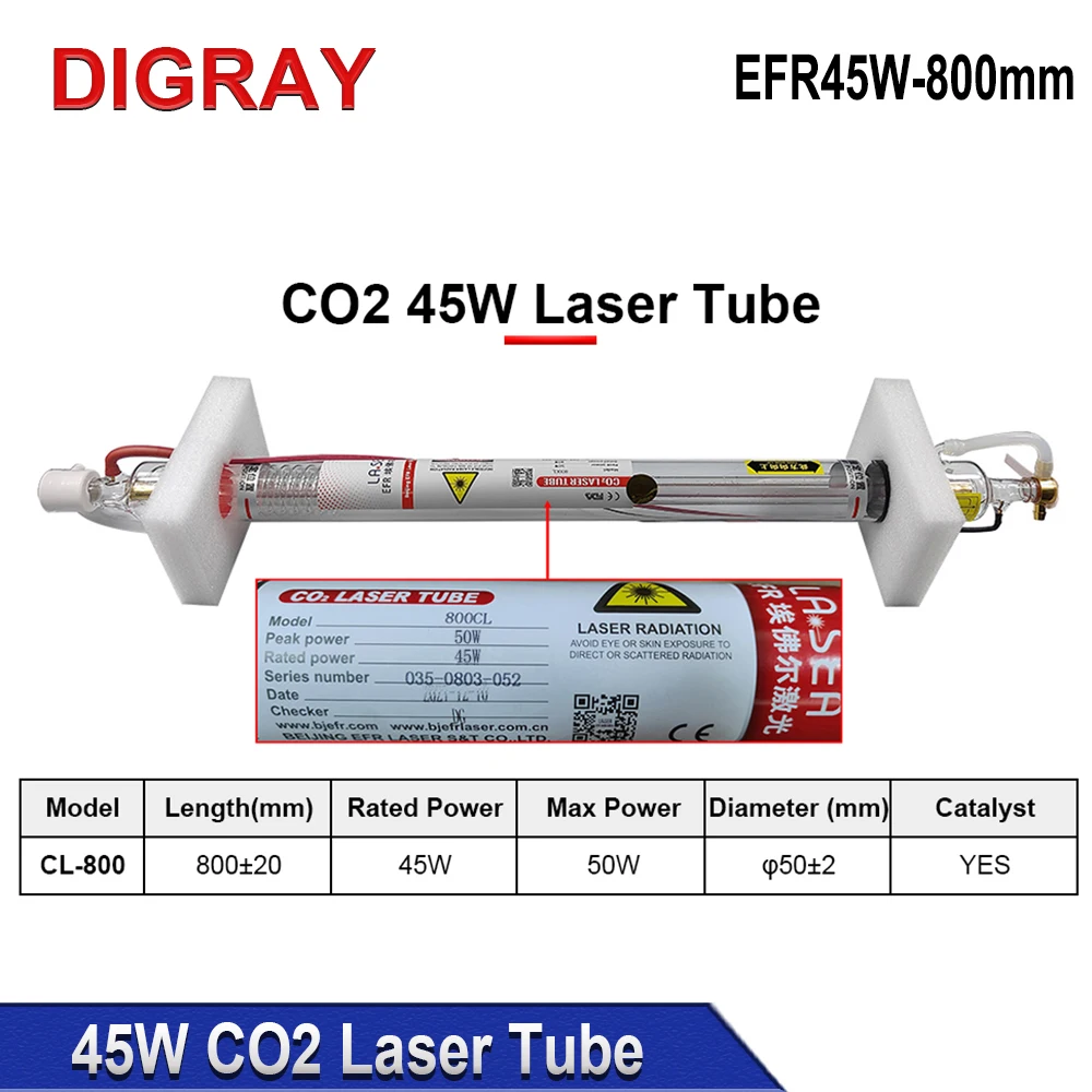 DIGRAY EFR 45W Co2 Laser Tube Diameter 50mm Length 800mm Laser Glass Lamp For Co2 Engraving Cutting Machine