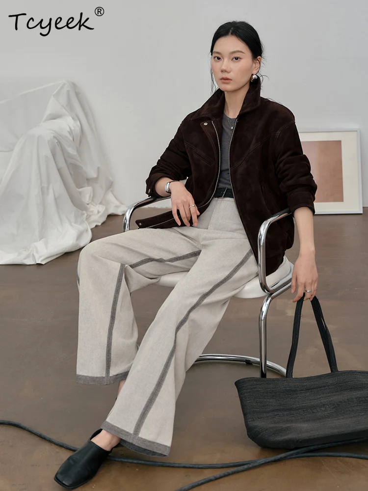 Tcyeek Real Sheepskin Spring Autumn Trendy Lapel Solid Color Women's Genuine Leather Jacket Jaqueta De Couro Legítimo Feminina