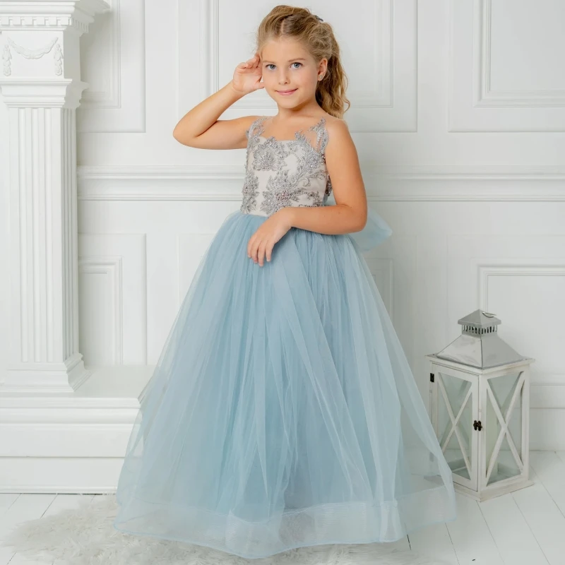 

Flower Girl Dresses Blue Tulle Appliques With Bow Sleeveless For Wedding Birthday Party Banquet First Communion Gowns