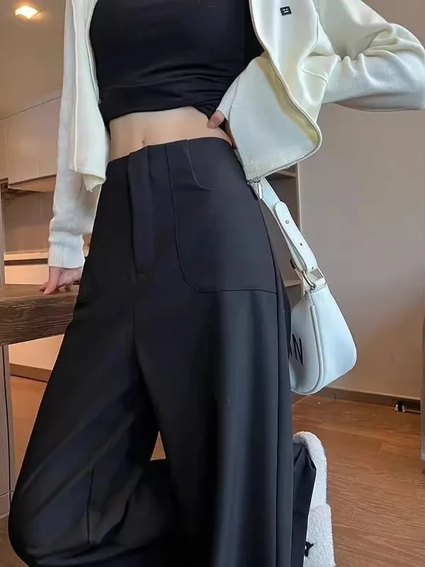 

High Waist Wide Leg Pants Women's Summer Drape Suit Pants Small Size Commute Black Slim Straight Leg Pants