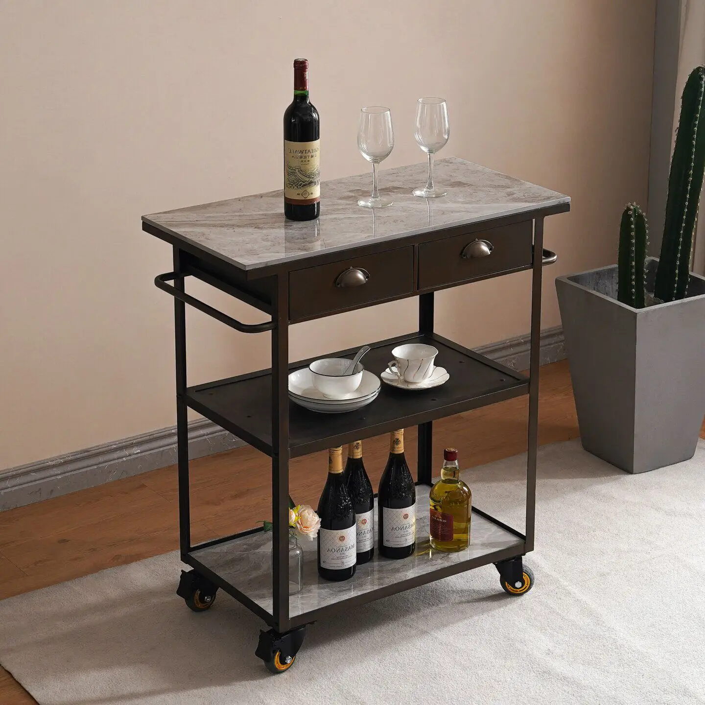 Removable Nakashimadai wrought iron dining side cabinet storage cabinet kitchen console cooking table cutting table with wheels