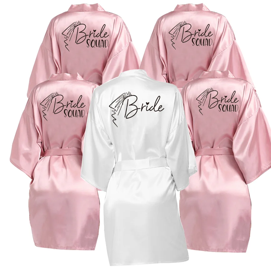 Wedding Party Bride Robe With Black Letters Kimono Satin Pajamas Bride Squad Get Ready Bridal Party Robes Gifts Dressing Gown