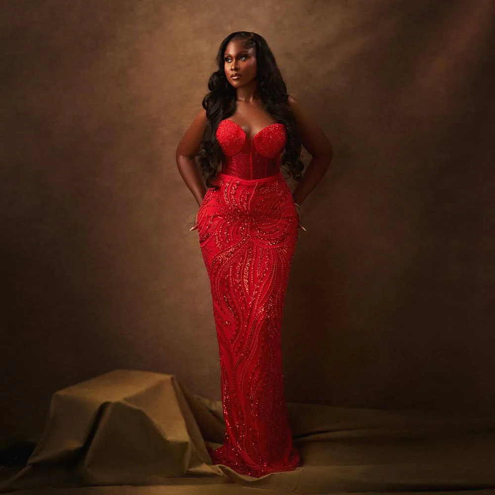 Sexy Red Prom Dresses Sweetheart Sequined Black Girls Mermaid Party Dress African Mermaid Evening Gowns Customized