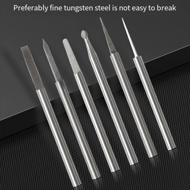 6 Piece Tungsten Steel Engraving Carving Knife Set Olive Amber End Mill Router Bit Silver Steel Sword Shaped Shank