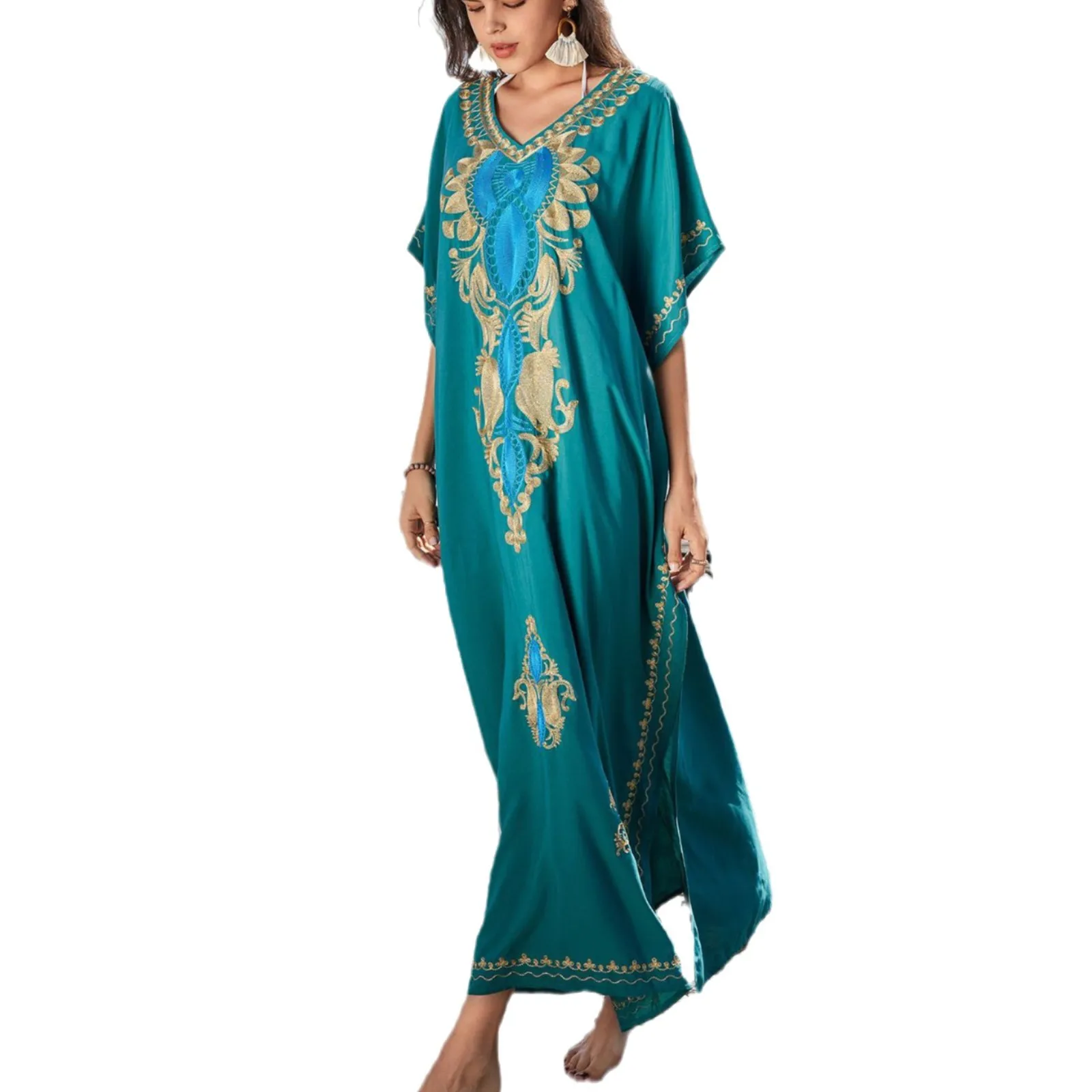 Boho เย็บปักถักร้อย V คอบิกินี่ Cover-ups ฤดูร้อนฤดูใบไม้ร่วงหลวม Kaftan ผู้หญิง PLUS ขนาด Beachwear ชุดว่ายน้ํา