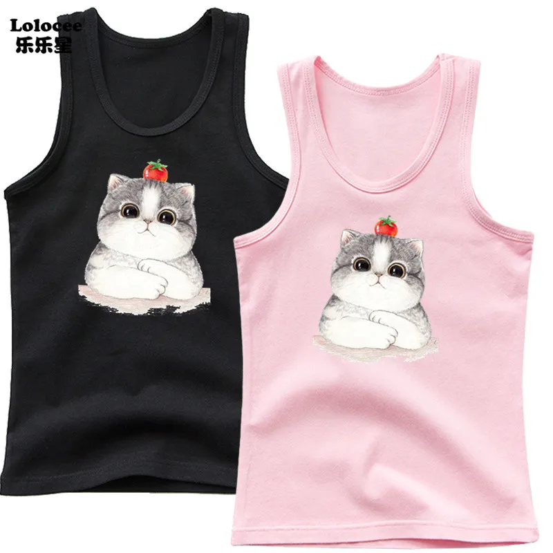 2024 Candy Color Girls Sleeveless Vest Sports Undershirts Kids Singlet Cotton Underwear Summer Children Cute Cat Print Tops