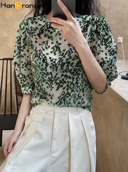 HanOrange Fashion Woman Blouses 2024 Palace Vintage Clothing Flocking Puff-sleeved Half Sleeve Loose Floral Top Female