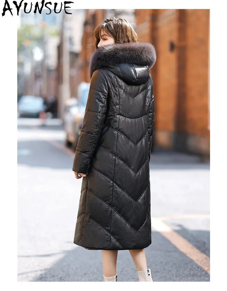 Genuine AYUNSUE Leather Down Coats for Women 2024 Winter Real Sheepskin Jacket Hooded Fox Fur Collar Jaqueta De Couro