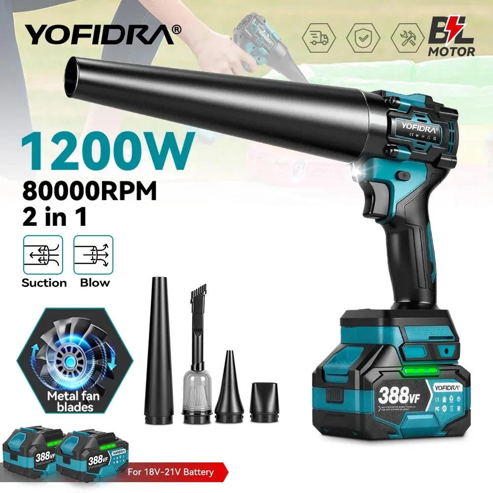 YOFIDRA Brushless  2 i in i 1 Turbo Blower Jet Fan & Vacuum Cleaner 80000RPM Handheld Dust Blowing Tool For Makita 18V Battery Pin