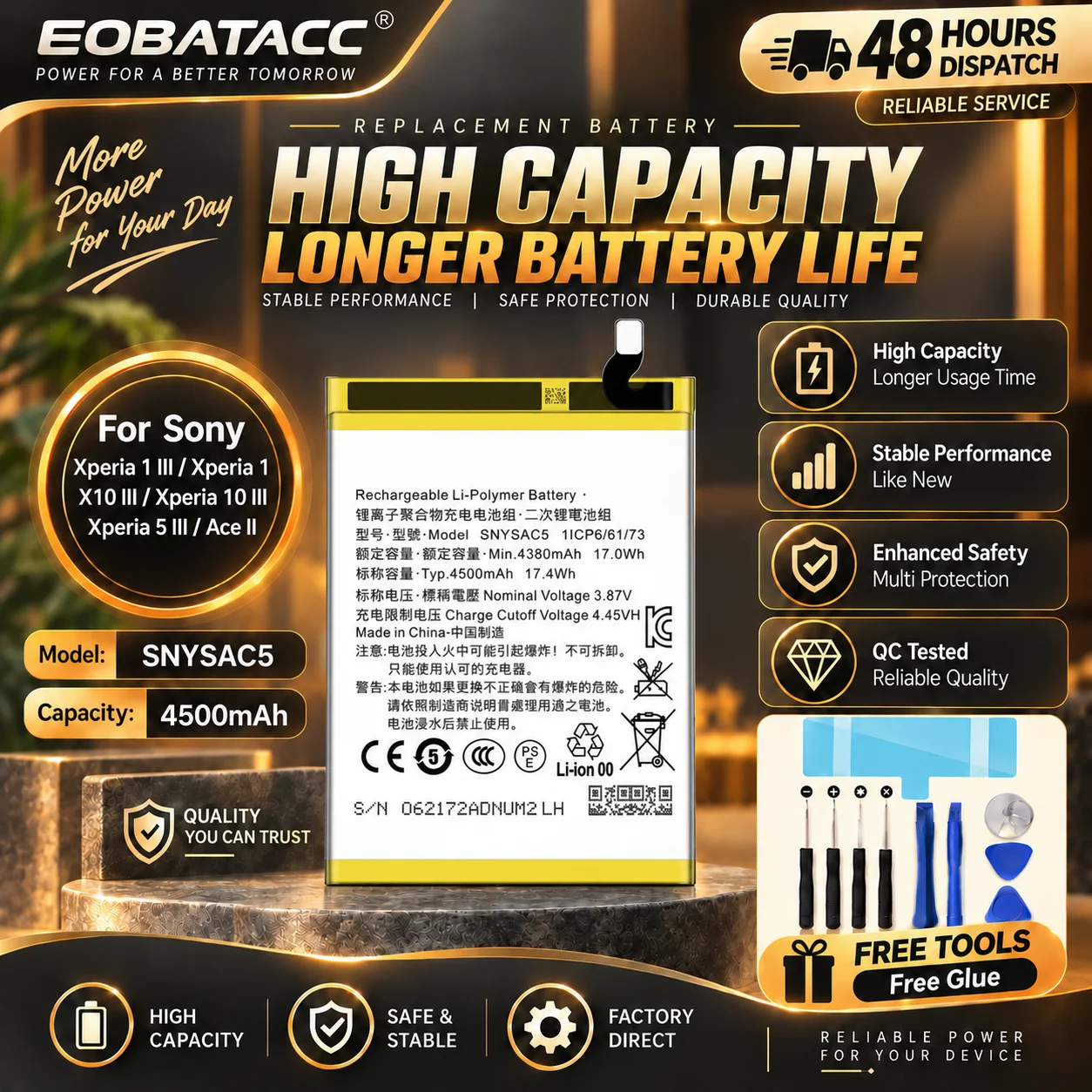 4500mAh Battery SNYSAC5 For Sony Xperia 1iii/Xperia 1/X10iii/Xperia 10 iii/Xperia 5 III/Ace II Battery + Free Tools