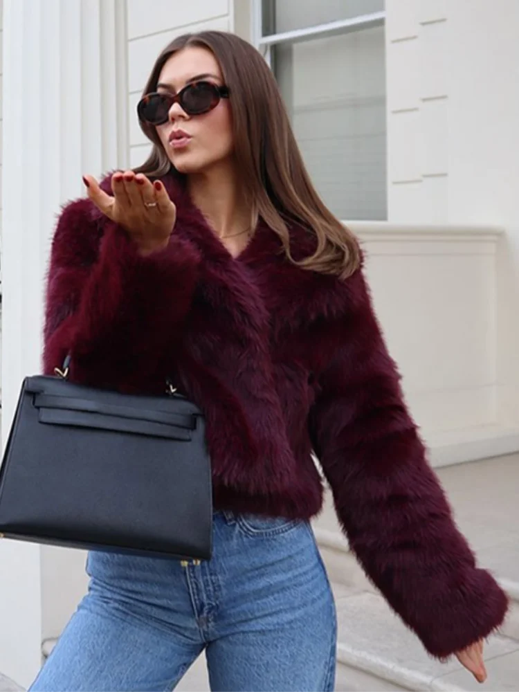 2024 Winter New Burgundy Fluffy Faux Fur Jacket For Women Elegant Turn-down Collar Long Sleeve Plush Coat Female Warm Streetwear