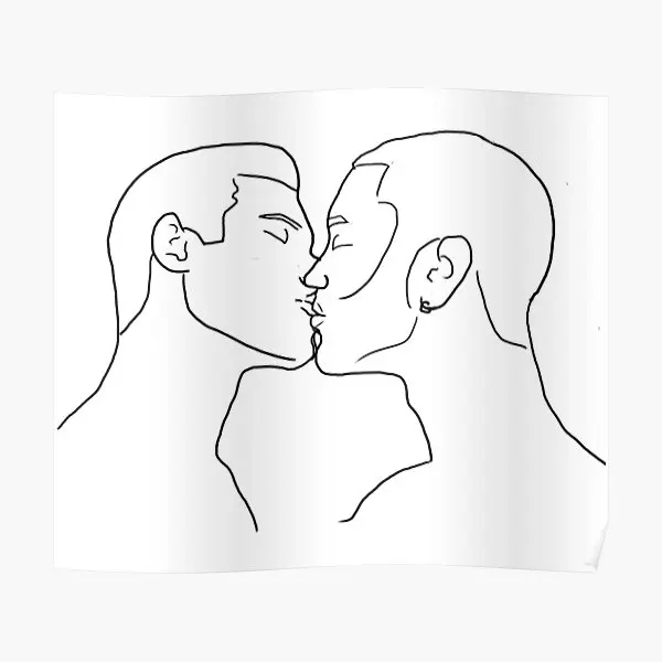 Two Men Kissing Lineart Happy Prid  Poster Funny Art Painting Vintage Mural Wall Decor Modern Home Room Decoration No Frame