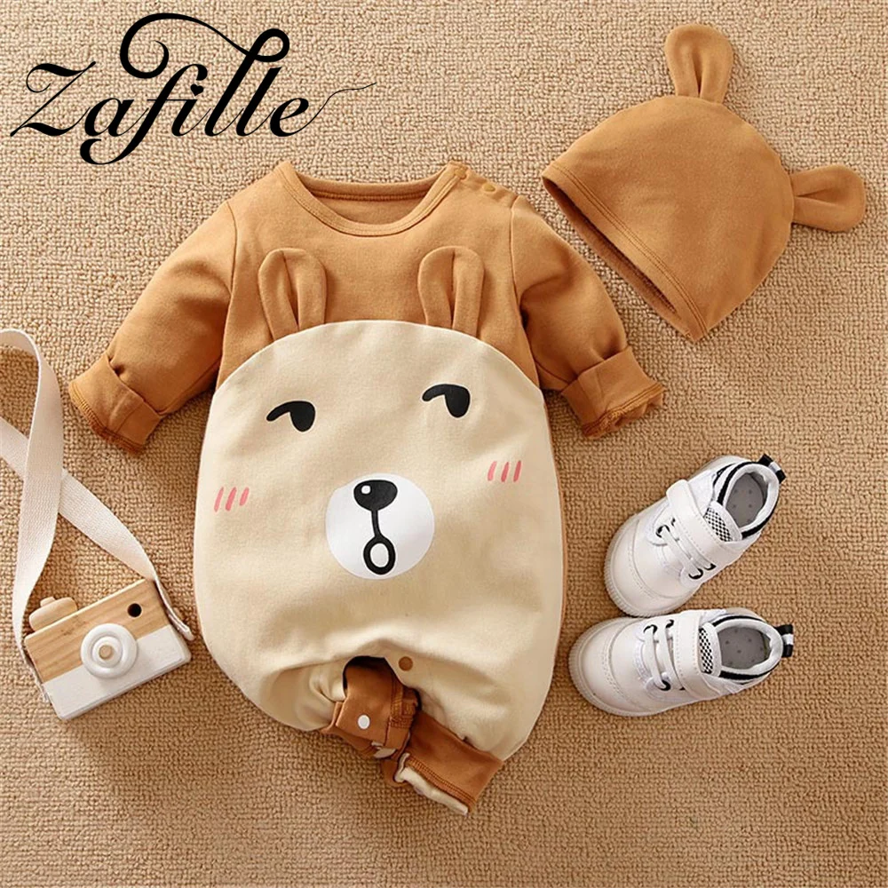 

ZAFILLE Cute Infant Outfit Winter Overalls For Children Sleepwear Cosplay Bear Newborn Baby Romper With Hat Cartoon Boy Bodysuit