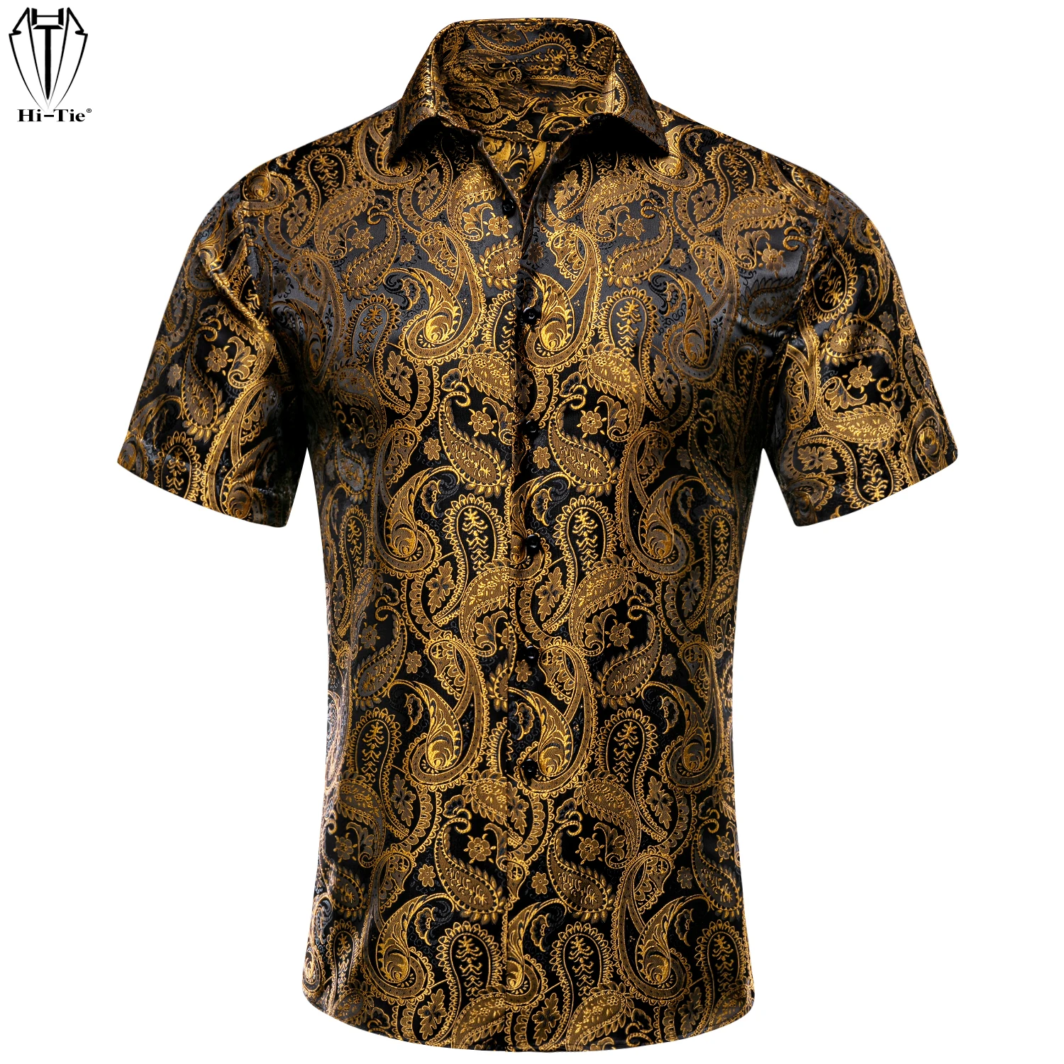 

Hi-Tie Short Sleeves Mens Shirts Glod Black Jacquard Silk Paisley Spring Summer Hawaiian Shirt For Male Wedding Business Prom XL