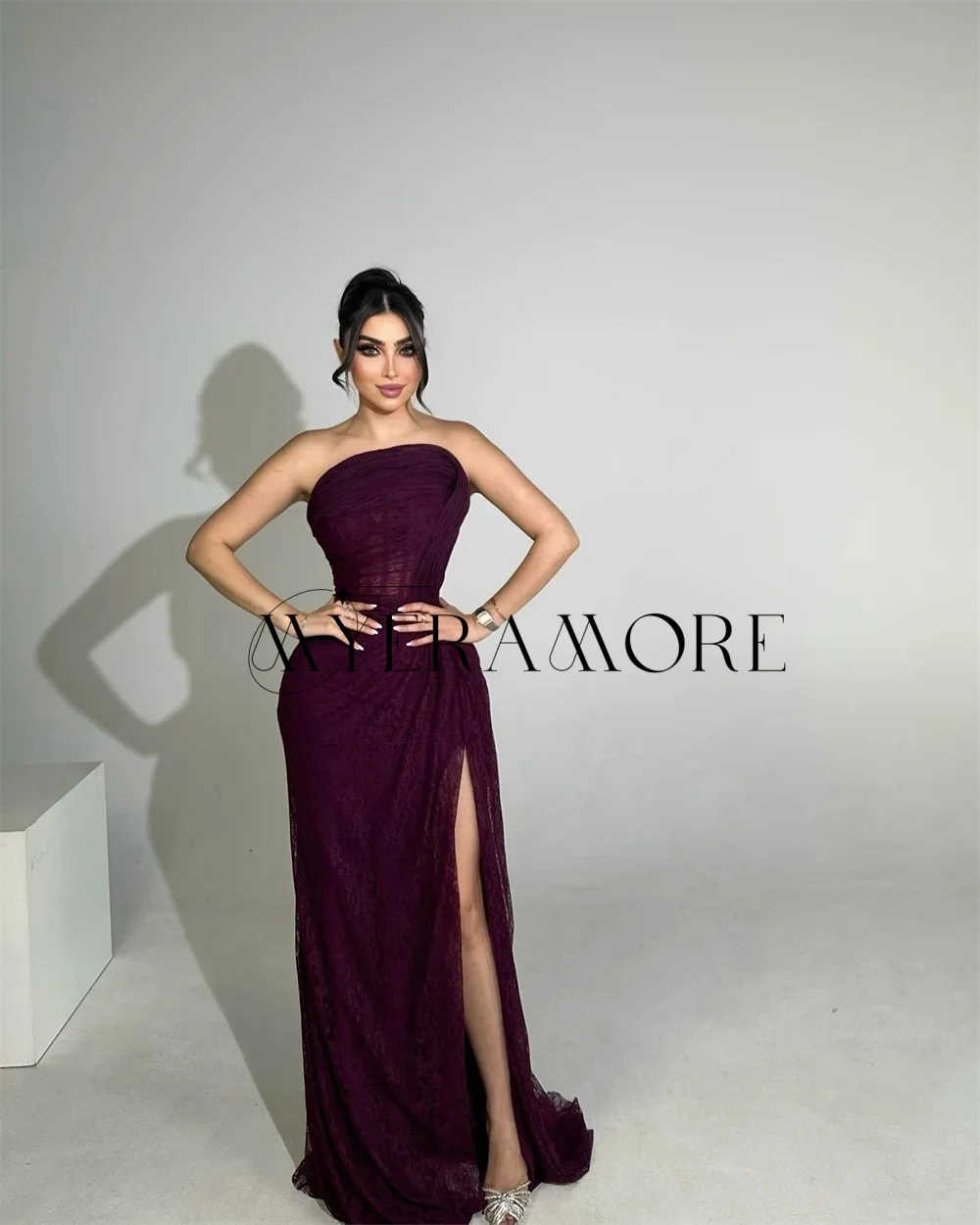 

Purple Strapless Evening Dresses Lace Mermaid Side Slit Floor-Lenght Prom Dresses Customized robes de soirée