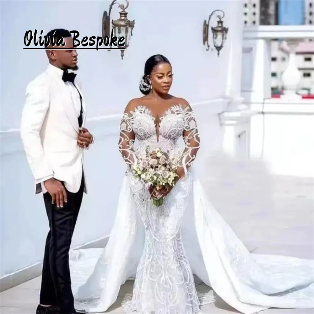 

Absorbing Aso Ebi Mermaid Wedding Dresses 2025 With Detachable Train Long Sleeves Beaded Lace Applique Bridal Gown Customized