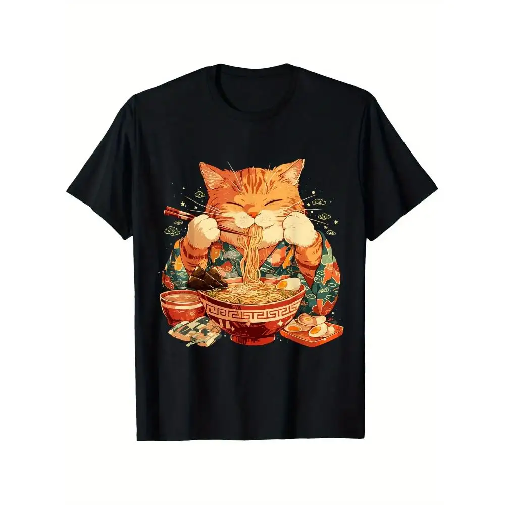 Unisex Ramen Cat Ninja T-Shirt Ukiyo-e Art Calico Cat Ramen Design Short Sleeve Casual Cotton Outdoor Wear