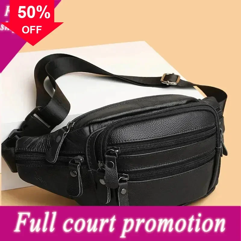 

Real Genuine Men Cowhide Leather Fanny for Phone Pouch Male Sling Shoulder Bag Unisex Belt Waist Packs