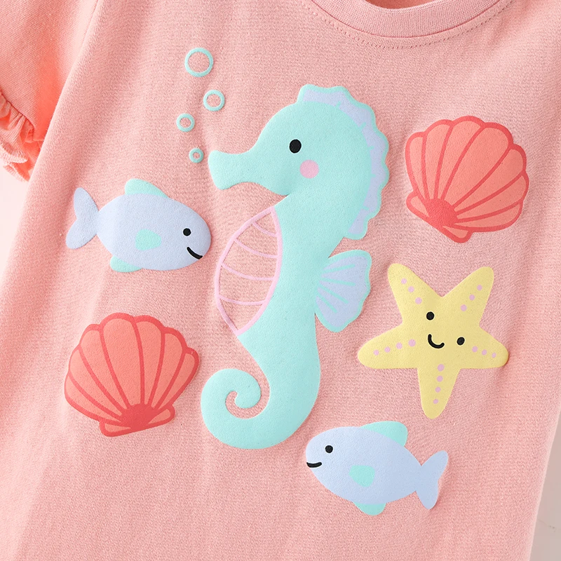 Little Maven Sommer-Neuheiten: Modische Baby-Mädchen-Tops, Kinderkleidung mit Seepferdchen- und Muschelmotiv, Baumwoll-T-Shirt für Kinder von 2-8 Jahren – Detail 6