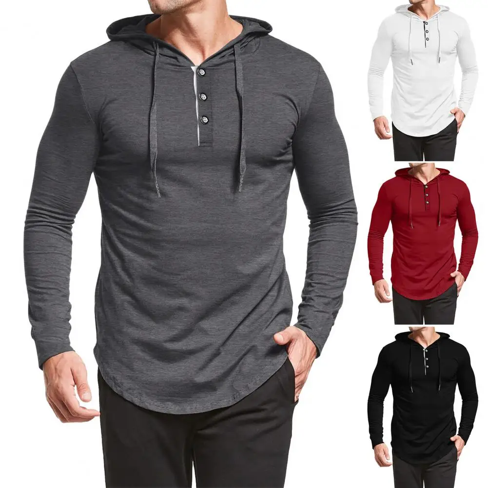 Men's Sweatshirts Pure Color Hoodie Long Sleeve Buttons Breathable Elastic Slim Fit Hooded Colorfast Lightweight Men Sweatshirt