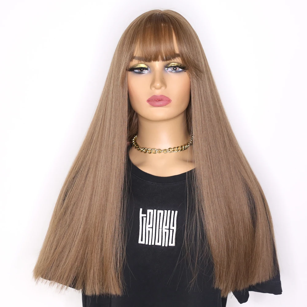 Sivir Synthetic Wigs for Women 18inch Long Straight  with Bangs Hair Honey Color Natural Headline Heat Resistant   Daily/Cosplay