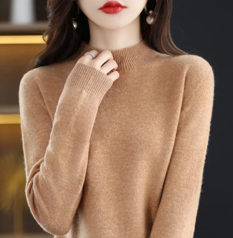

Women's Knitted Long Sleeve Loose Fit round Neck Base Shirt Half High Collar Autumn Winter Versatile Sweater
