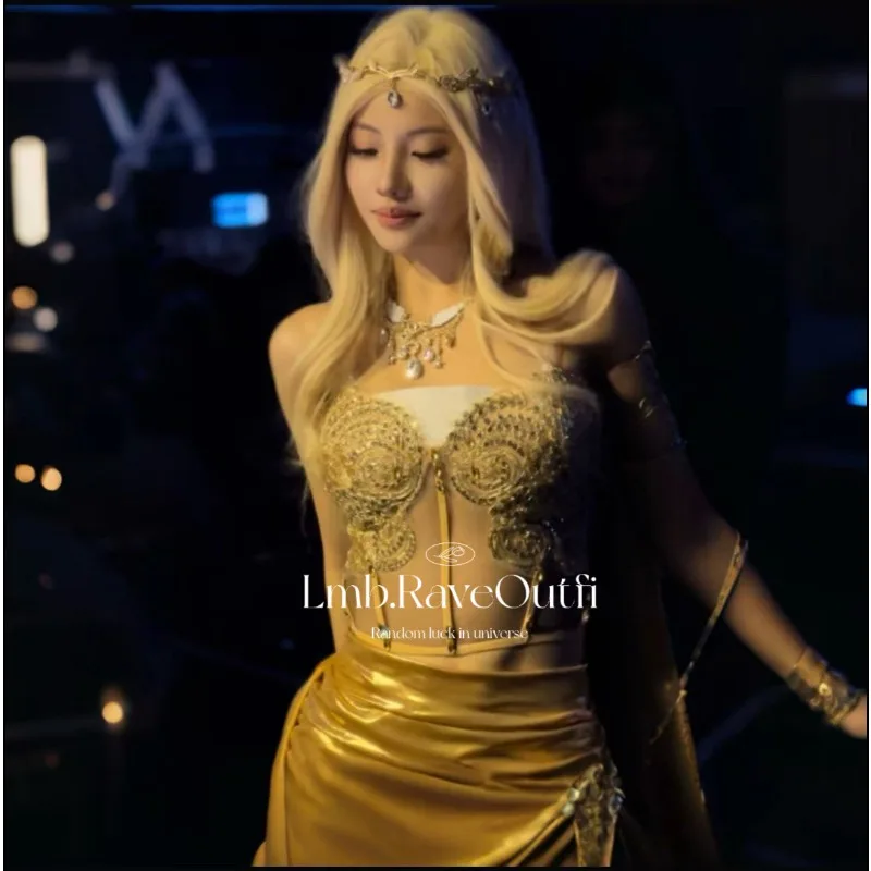 Customized Gold Flower Lace Decoration Shiny Women's Skirt Photography Electronic Syllable Clothing Performance Costume Set