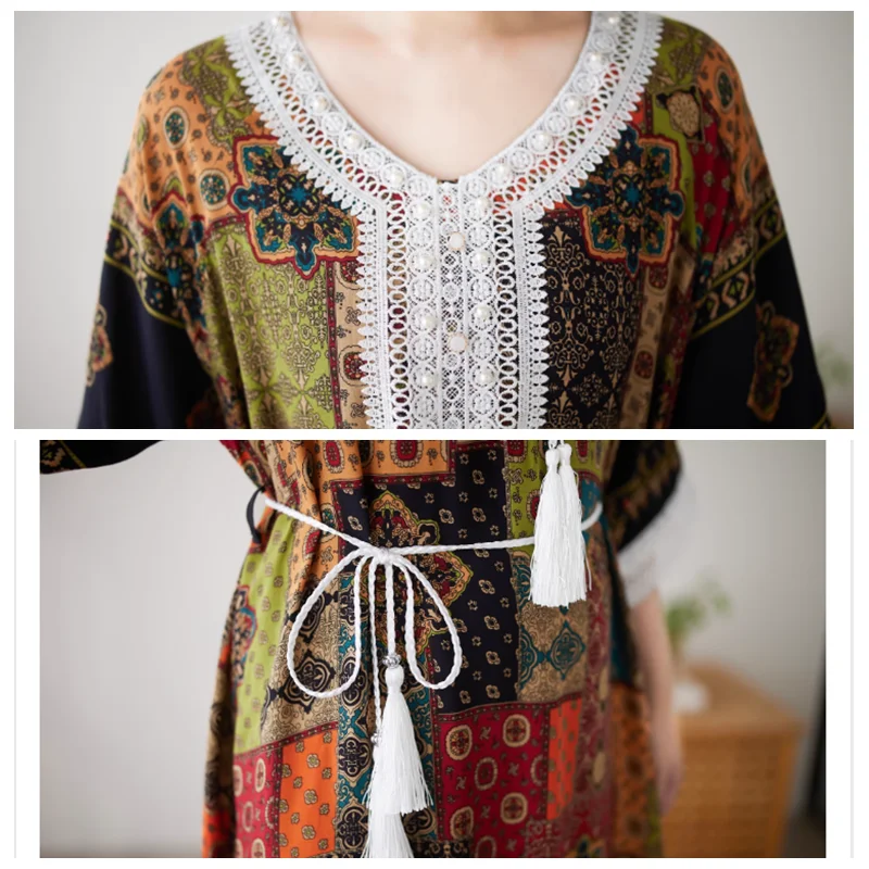 Boho Lace Cotton Linen Plaid Dress Women Robe Casual Vintage Ethnic Style Loose Beach Long Dress Maxi Summer Short Sleeve