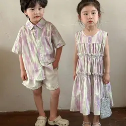 Summer Vacation Style Brother Sister Outfits Kid Boy Thin Cotton Short Sleeve Shirt + Solid Shorts 2pcs Girl Baby Cotton Dress