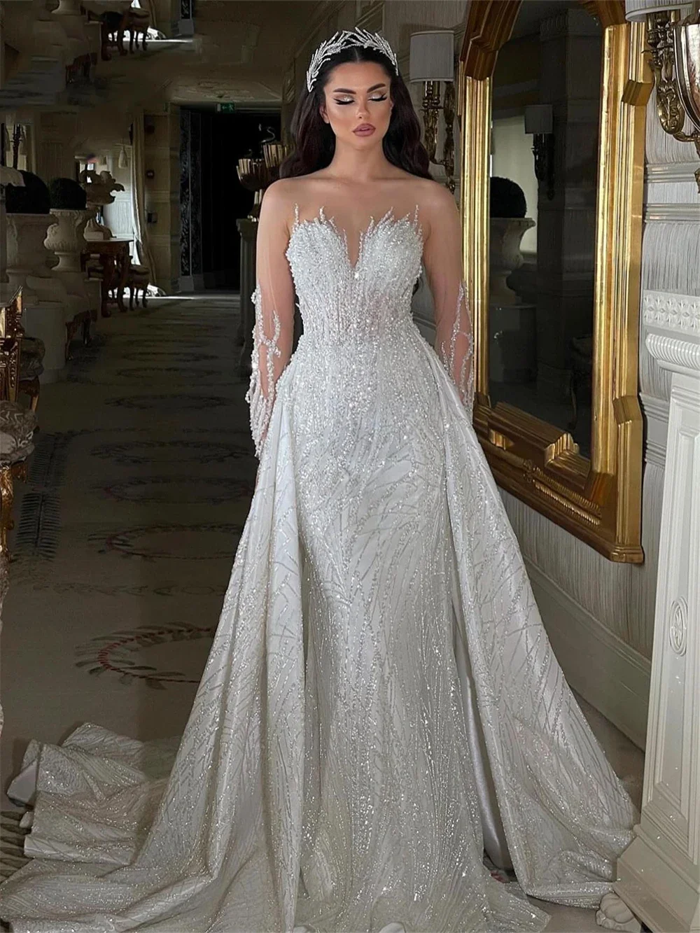 Sheer Neck Beading Bride Dresses 2 in 1 Embroidery Wedding Dress With Illusion Long Sleeve Detachable Train Custom Bridal Gowns
